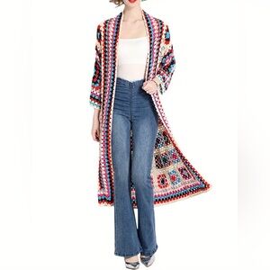 Red Granny Square Crochet Long Cardigan Sweater